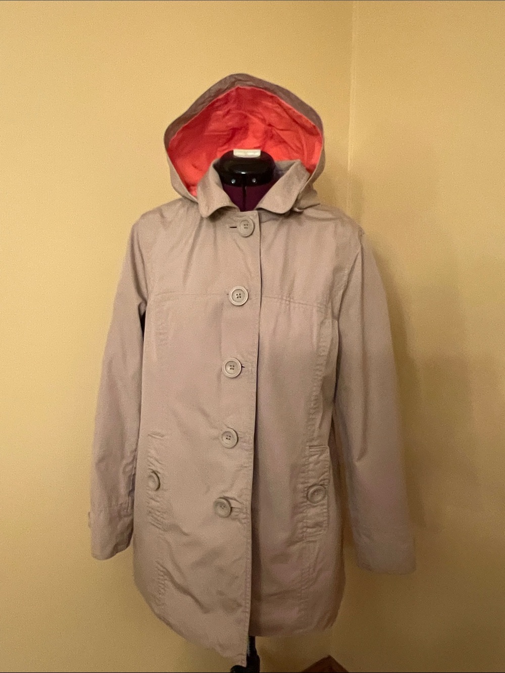 L.L. Bean Women Taupe/Tan Hooded Short Trench Coat with Coral Lining size Medium